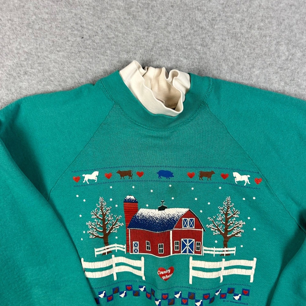 Vintage Fruit of the Loom Country Winter Mock Neck Sweatshirt‎ Teal XL Barn Farm - Picture 8 of 12